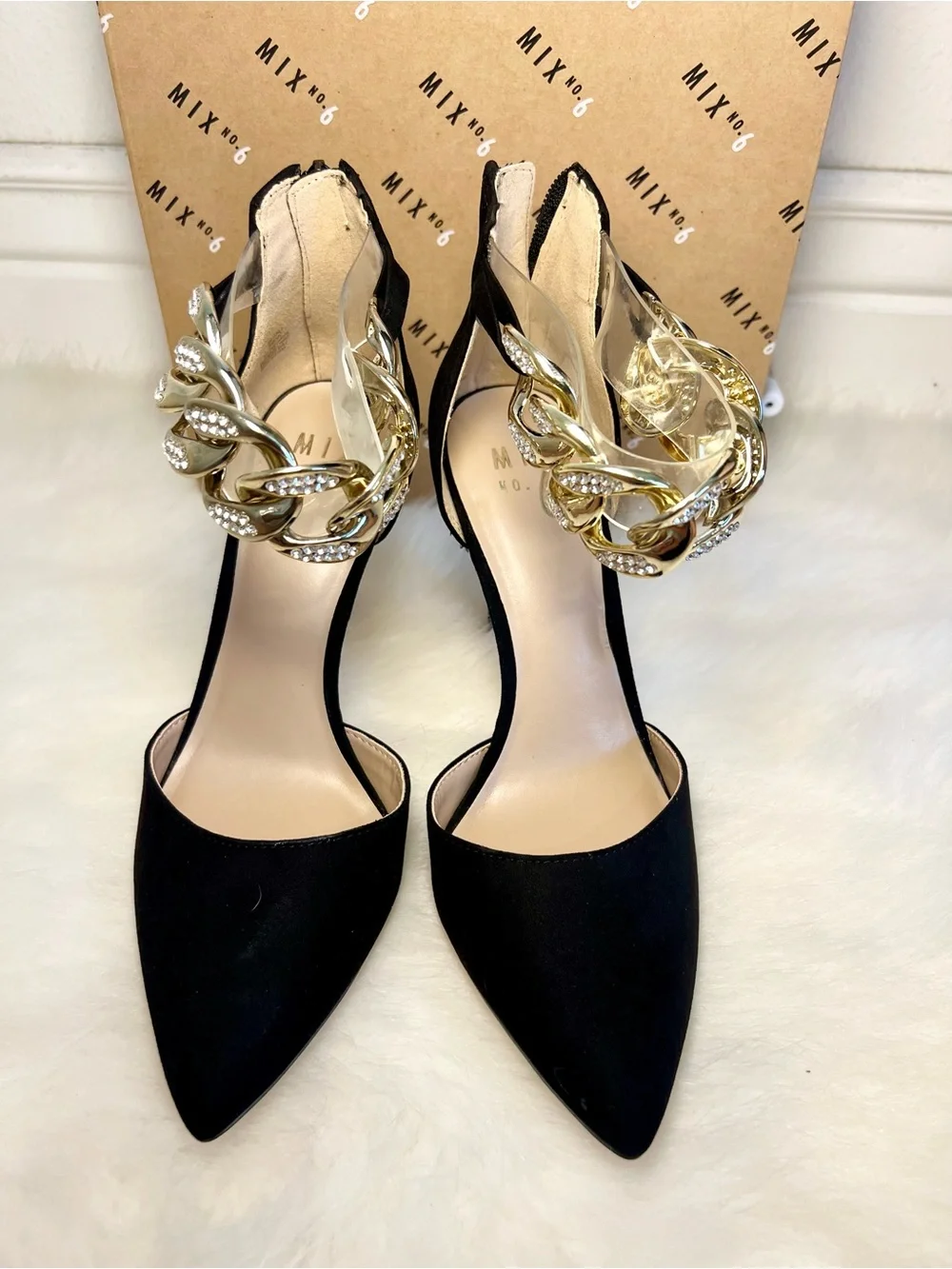 Mix No. 6 Dinla Black Suede Pointed-Toe Pump with Gold Crystal Chain Ankle Strap